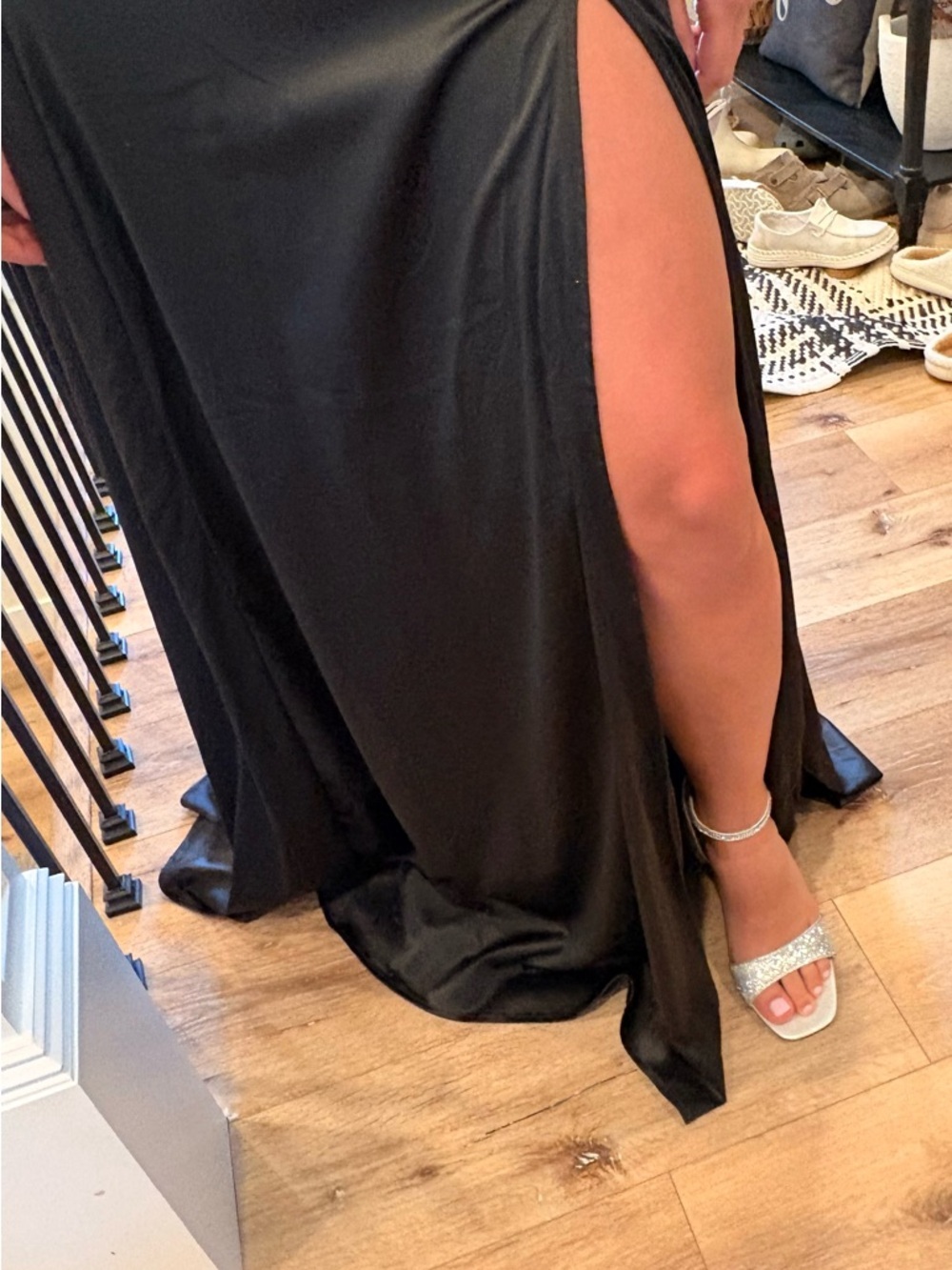 Black Satin Asymmetric Strap Evening or prom Dress with Front Slit - Picture 4 of 5